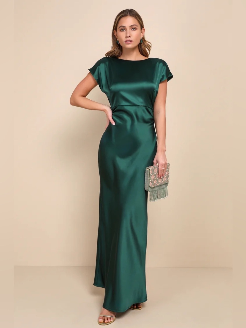 Lulus Captivating Presence Forest Green Satin Cowl Back Maxi Dress medium NWOT